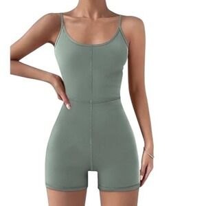 Automet Woman's Sage Green Athletic Romper Spaghetti Strap Bodysuit